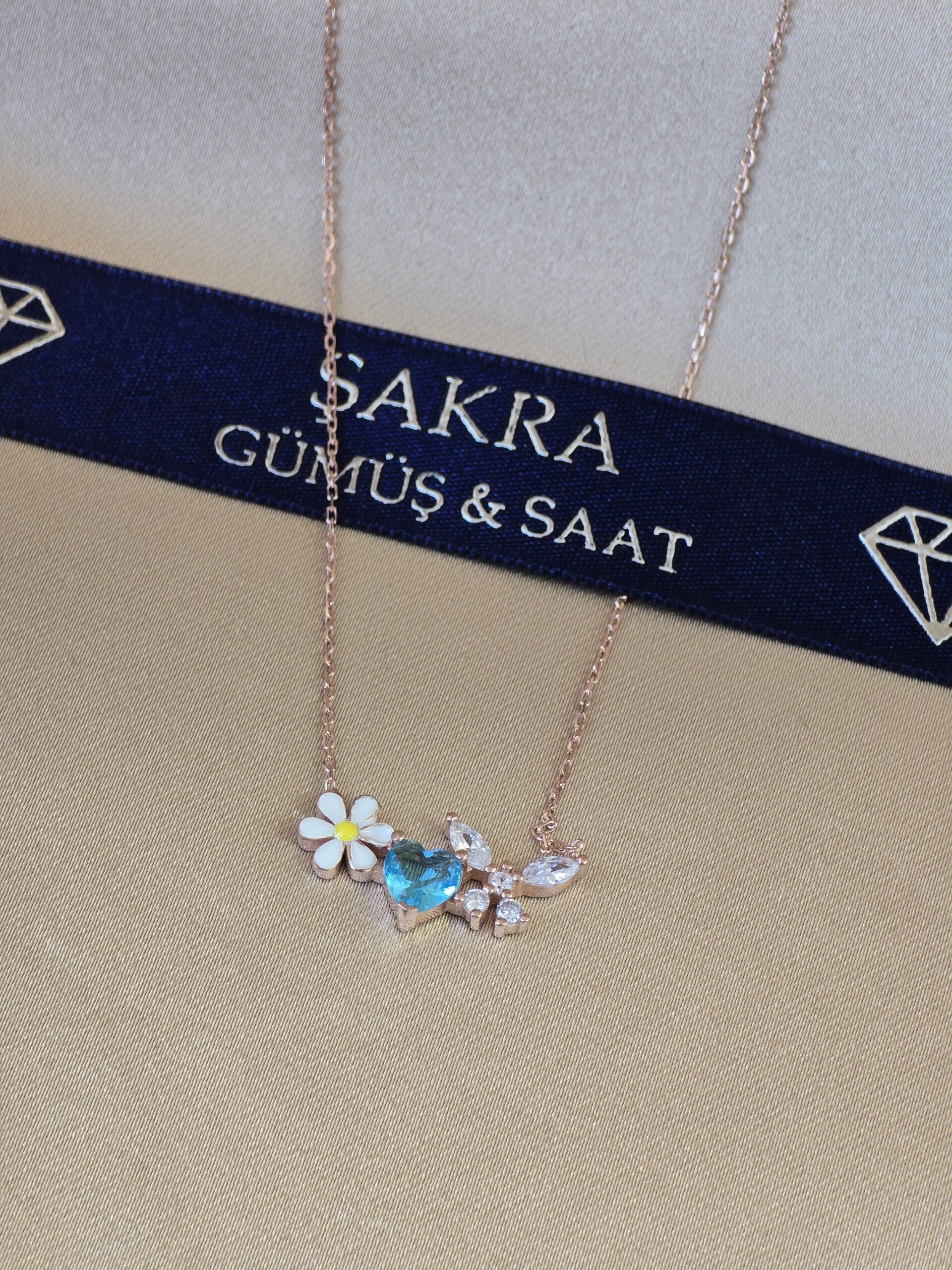 Papatya & Mavi Kalp Taşlı 925 Ayar Gümüş Kolye – Rose Kaplama