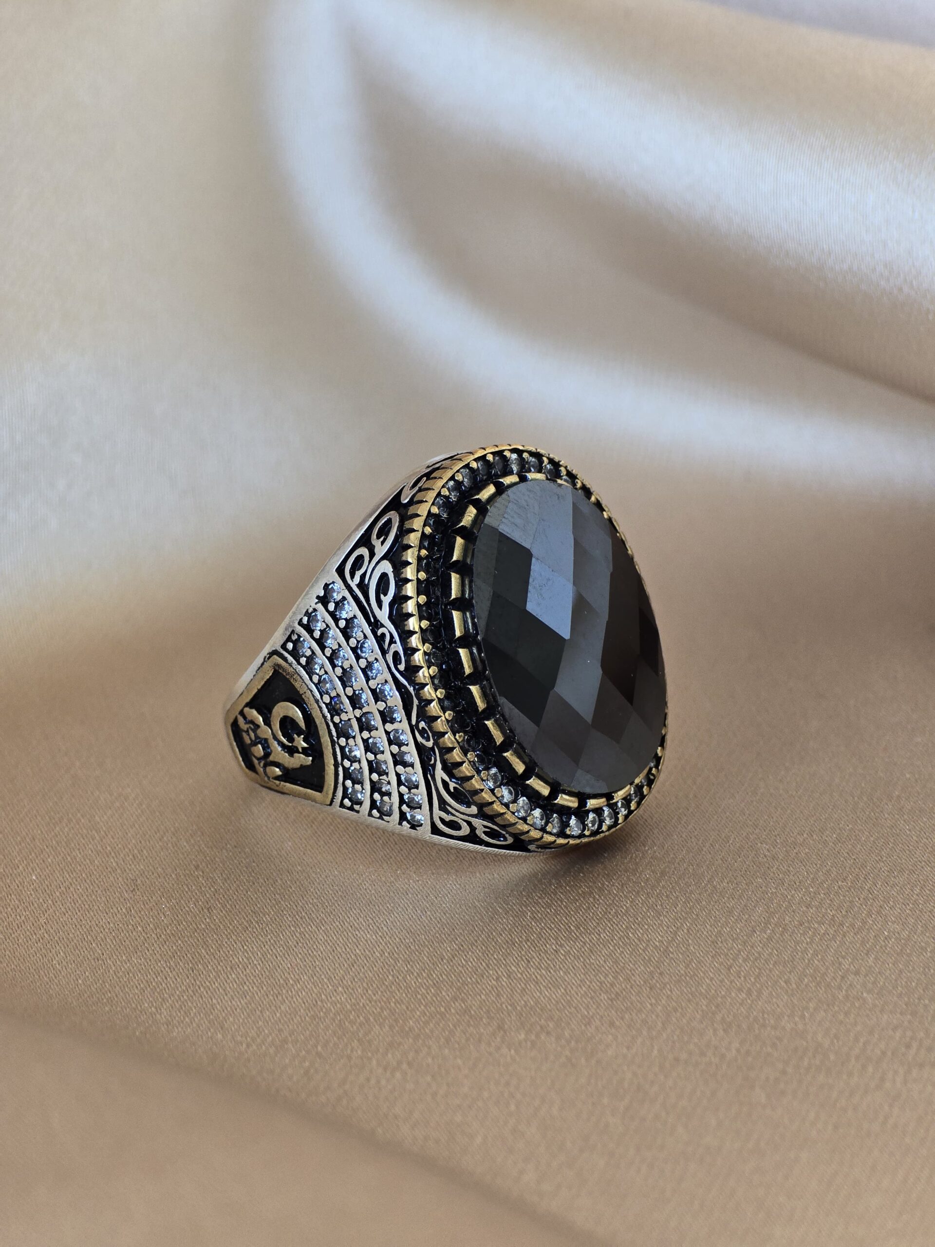 Siyah Kesme Taşlı Oval Erkek Gümüş Yüzük – 23.2 gr | Şakra Gümüş & Saat - Görsel 3