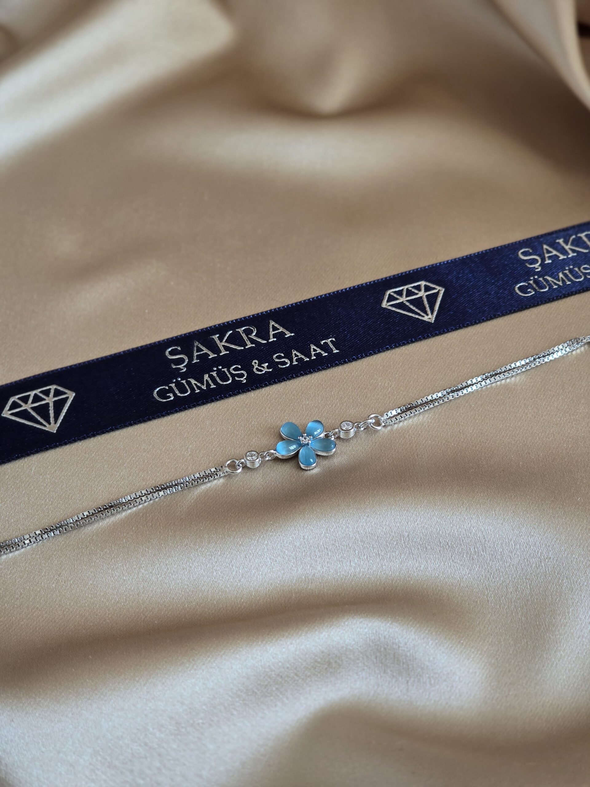 Turkuaz Çiçek Figürlü Zarif Gümüş Bileklik - Görsel 3