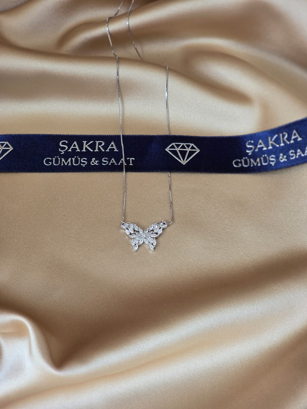 Zirkon Taşlı Kelebek Formlu 925 Ayar Gümüş Kolye