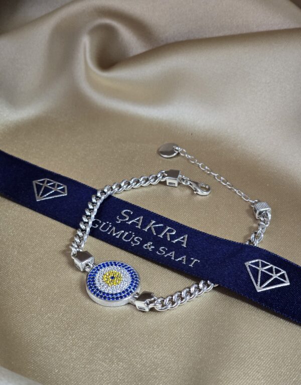 Renkli Nazar Motifli Zirkon Taşlı Gümüş Bileklik