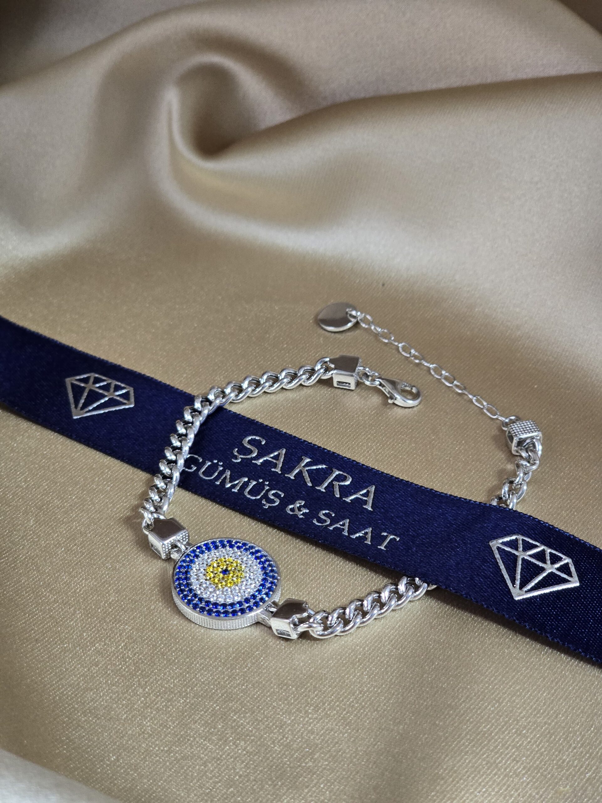 Renkli Nazar Motifli Zirkon Taşlı Gümüş Bileklik