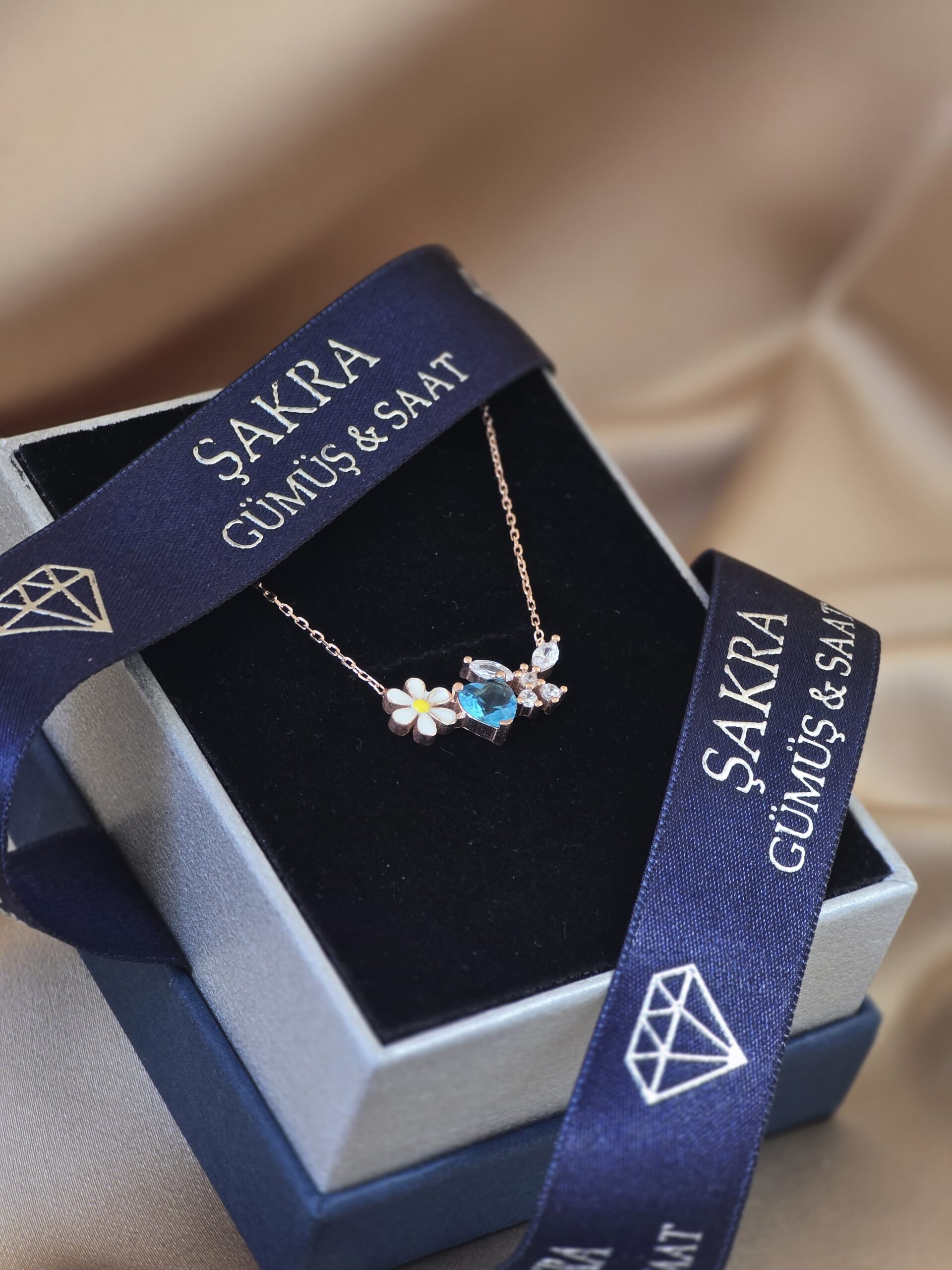 Papatya & Mavi Kalp Taşlı 925 Ayar Gümüş Kolye – Rose Kaplama - Görsel 2