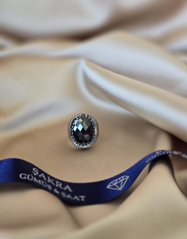 Siyah Kesme Taşlı Oval Erkek Gümüş Yüzük – 23.2 gr | Şakra Gümüş & Saat