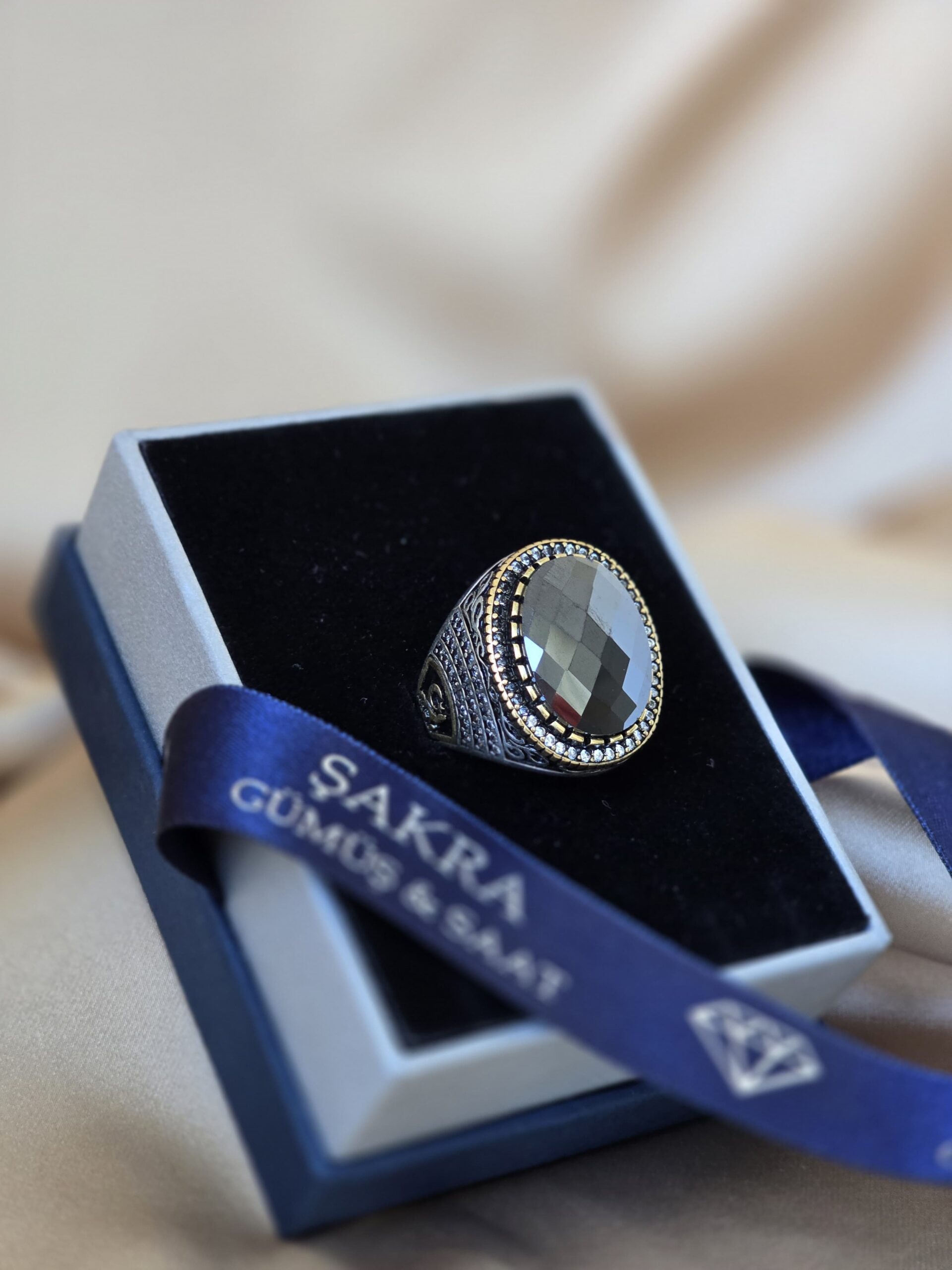 Siyah Kesme Taşlı Oval Erkek Gümüş Yüzük – 23.2 gr | Şakra Gümüş & Saat - Görsel 2