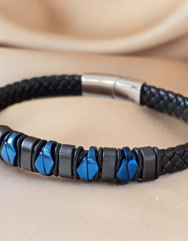 Şakra Gümüş Mavi Detaylı Örgü Deri Erkek Bileklik