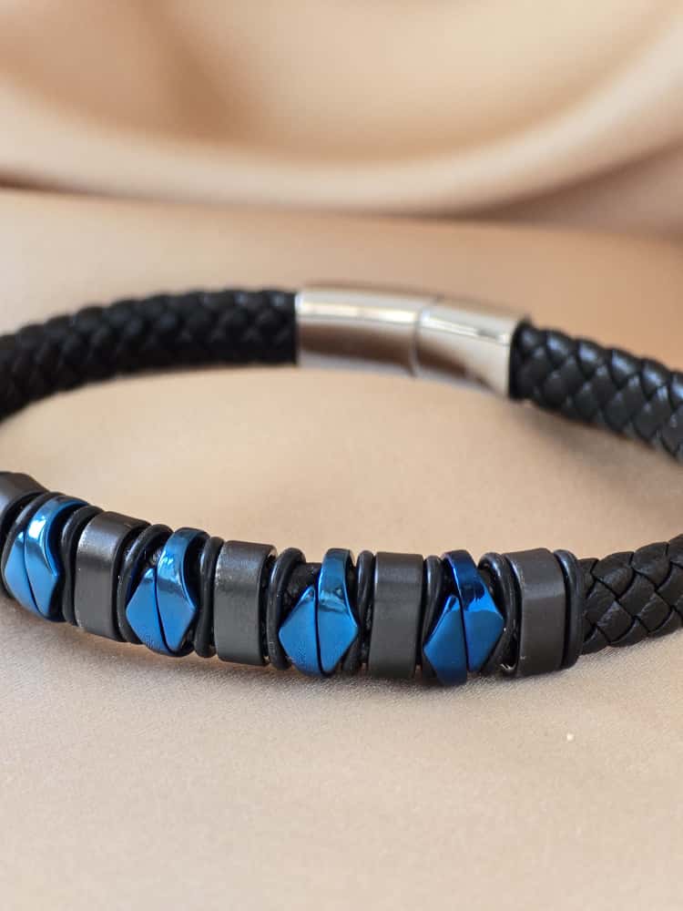 Şakra Gümüş Mavi Detaylı Örgü Deri Erkek Bileklik