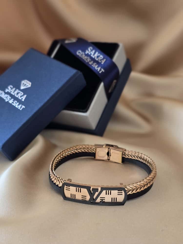 Şakra Gümüş Roma Rakamlı Gold Örgü Deri & Çelik Erkek Bileklik - Görsel 3