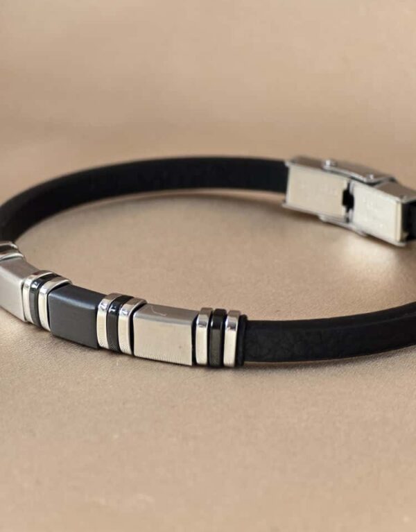 Şakra Gümüş Minimal Siyah Deri Erkek Bileklik