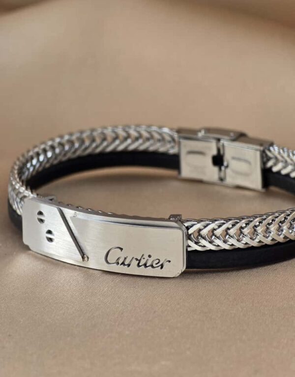 Şakra Gümüş Örgü Çelik & Siyah Deri Erkek Bileklik