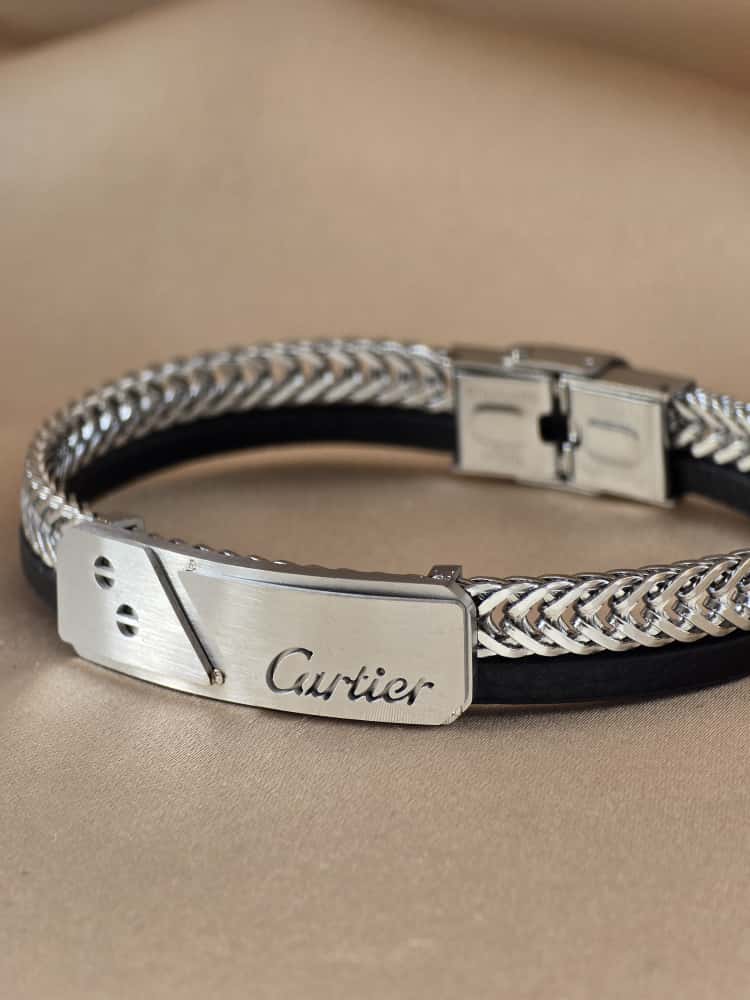 Şakra Gümüş Örgü Çelik & Siyah Deri Erkek Bileklik