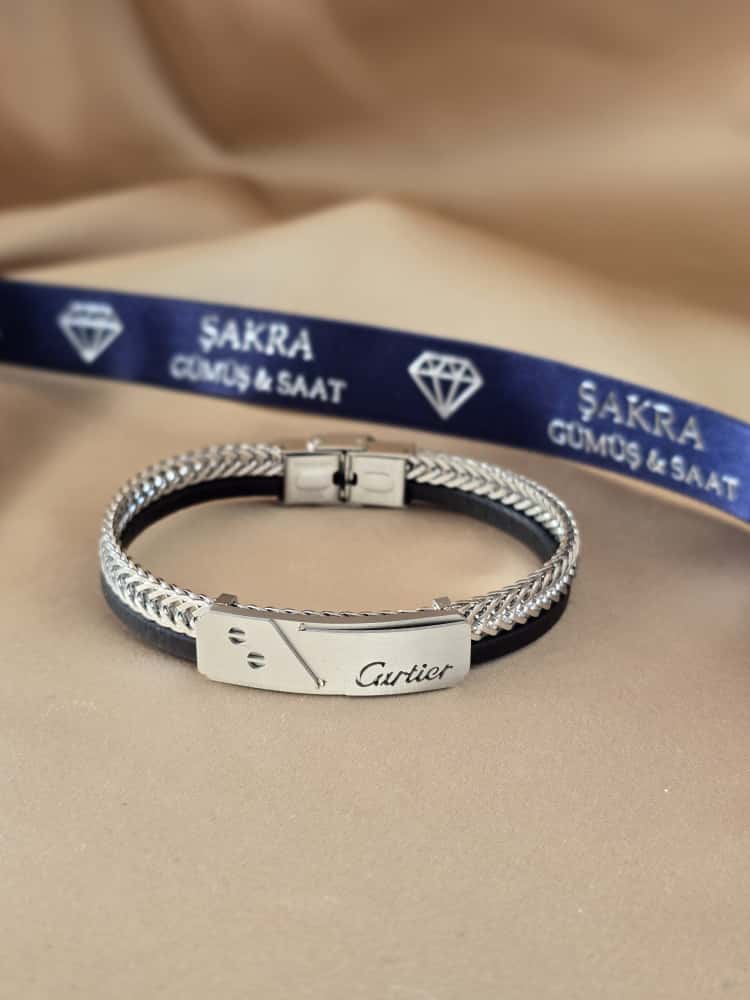 Şakra Gümüş Örgü Çelik & Siyah Deri Erkek Bileklik - Görsel 2