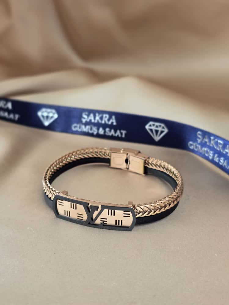 Şakra Gümüş Roma Rakamlı Gold Örgü Deri & Çelik Erkek Bileklik - Görsel 2