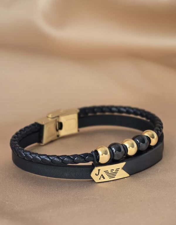 Şakra Gümüş Gold Detaylı Siyah Deri & Çelik Erkek Bileklik