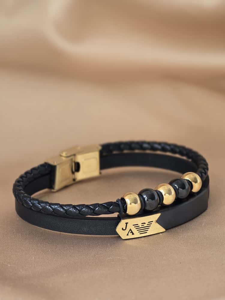 Şakra Gümüş Gold Detaylı Siyah Deri & Çelik Erkek Bileklik