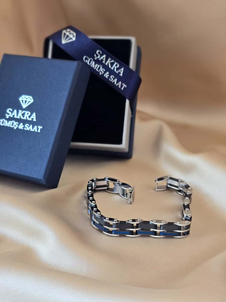 Şakra Gümüş Mavi Detaylı Siyah Çelik Erkek Bileklik - Görsel 3
