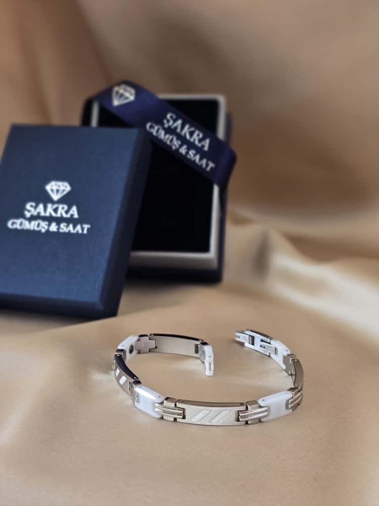 Şakra Gümüş Beyaz Detaylı Modern Erkek Çelik Bileklik - Görsel 3