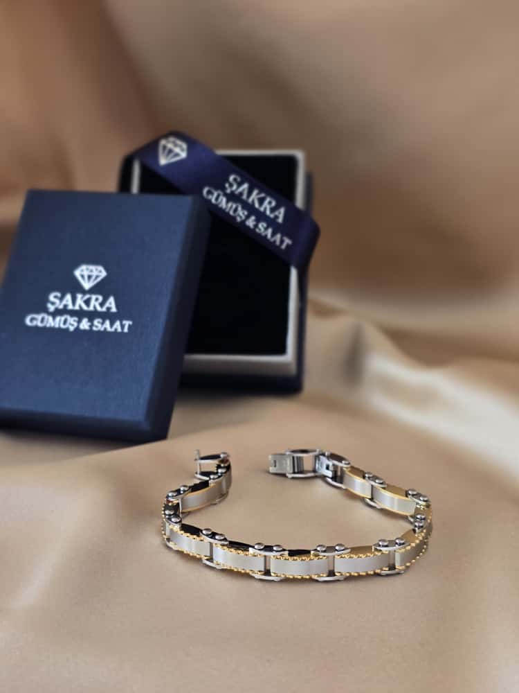 Şakra Gümüş Silver-Gold Tırtıklı Detaylı Erkek Çelik Bileklik - Görsel 3