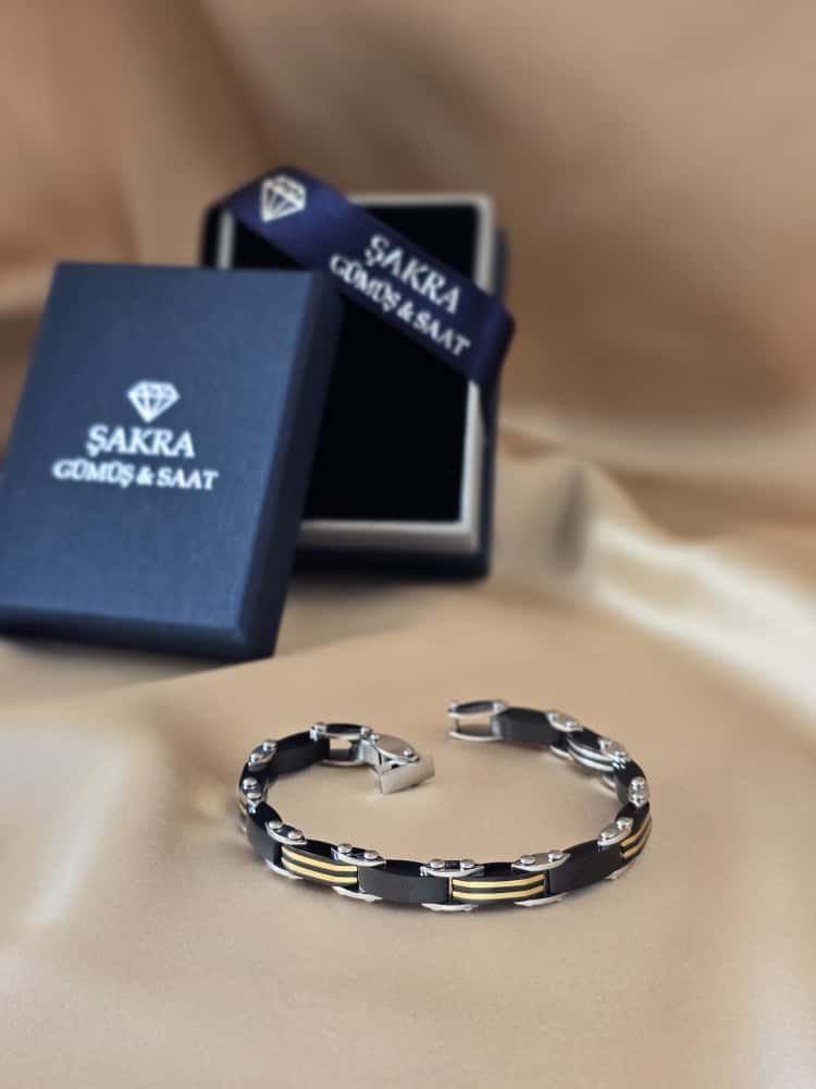 Şakra Gümüş Siyah Gold Çizgi Detaylı Erkek Çelik Bileklik - Görsel 3