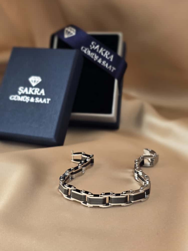 Şakra Gümüş Siyah Şerit Detaylı Çelik Erkek Bileklik - Görsel 3