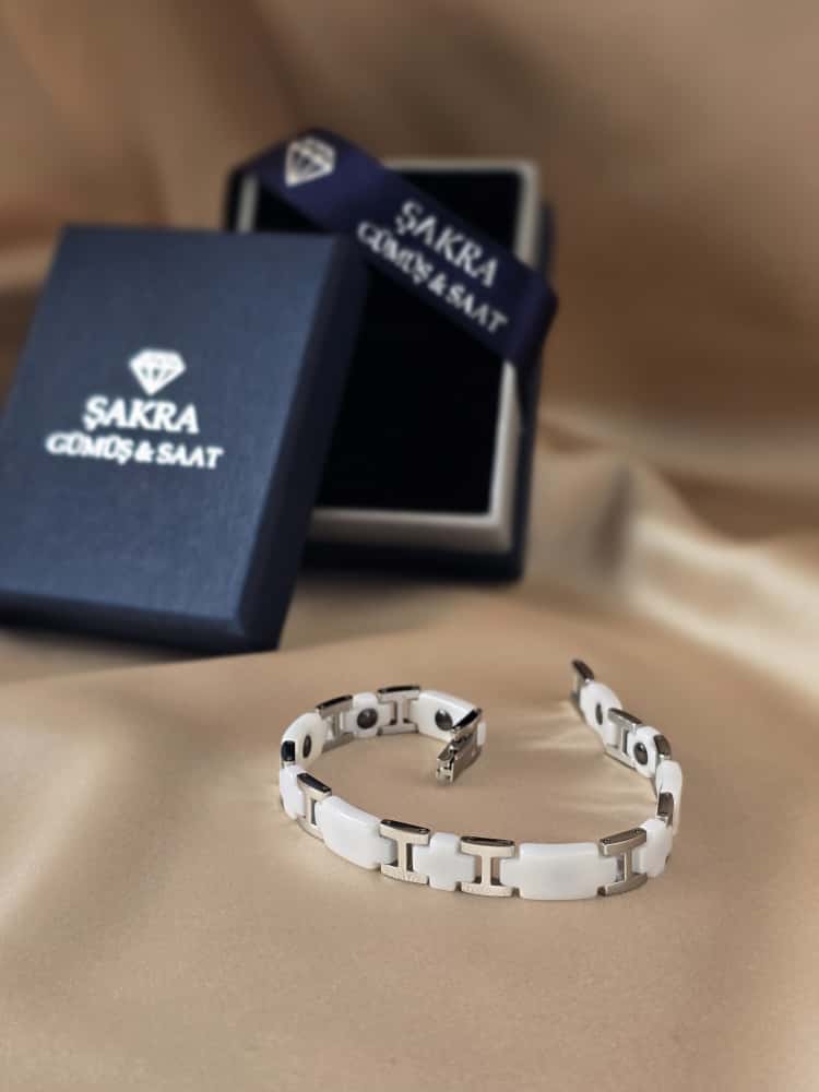 Şakra Gümüş Beyaz Seramik Detaylı Erkek Bileklik - Görsel 3