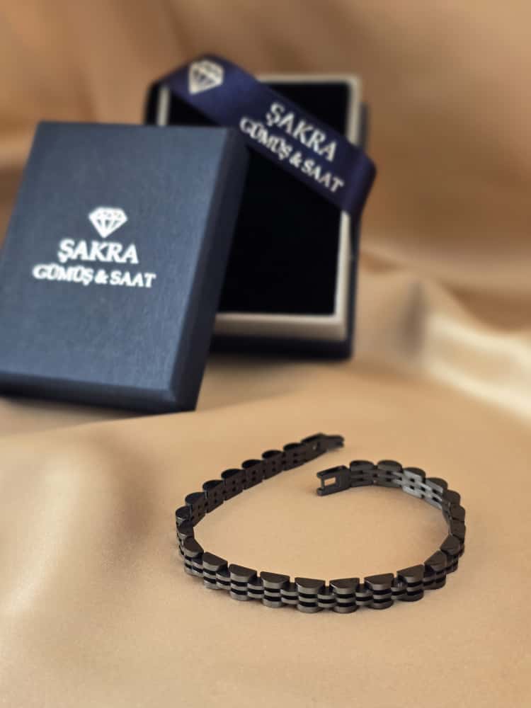 Şakra Gümüş Mat Siyah Çelik Çoklu Link Bileklik - Görsel 3
