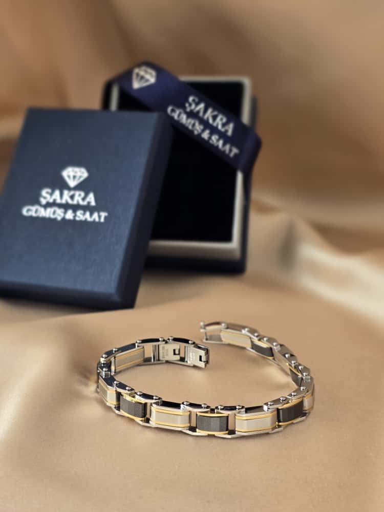 Şakra Gümüş Gold & Siyah Plaka Detaylı Çelik Link Bileklik - Görsel 3