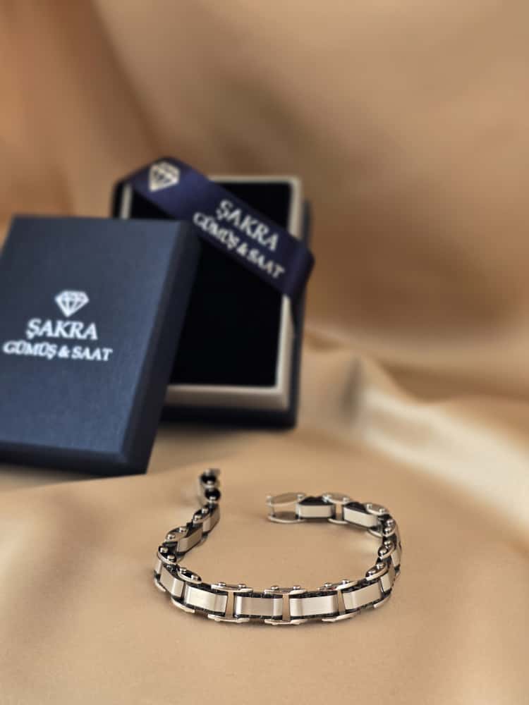 Şakra Gümüş Beyaz Orta Detaylı Çelik Link Bileklik - Görsel 3