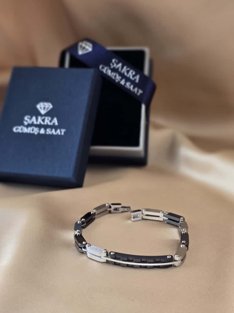 Şakra Gümüş Siyah Detaylı Çelik Link Bileklik - Görsel 3