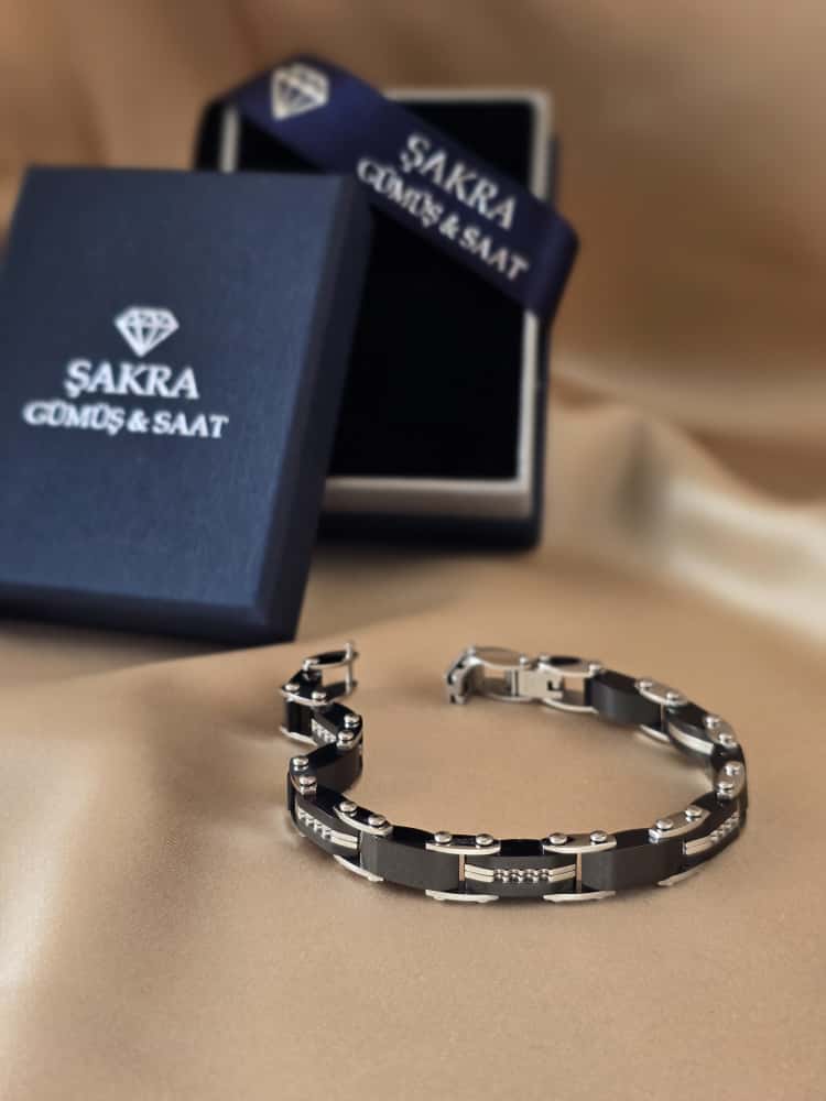 Şakra Gümüş Siyah Plaka Detaylı Çelik Link Bileklik - Görsel 3