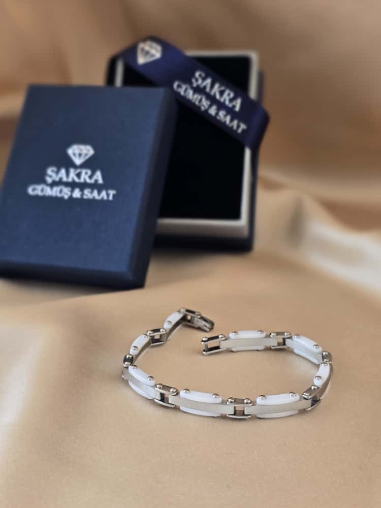 Şakra Gümüş Beyaz Şerit Detaylı Çelik Link Bileklik - Görsel 3