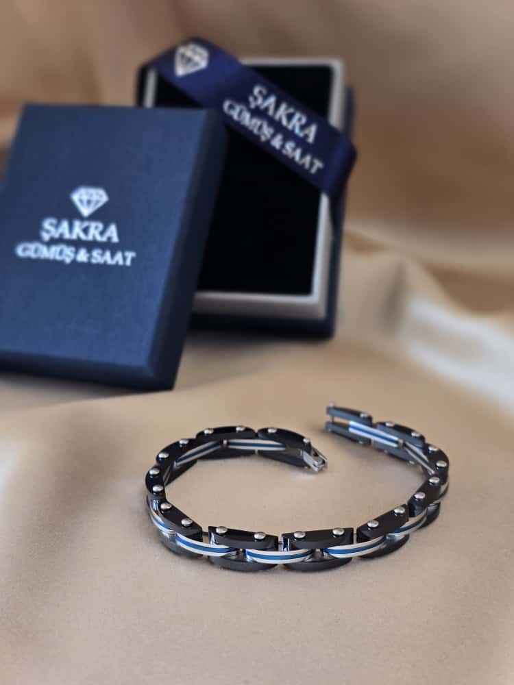 Şakra Gümüş Mavi Çizgi Detaylı Siyah Çelik Link Bileklik - Görsel 3