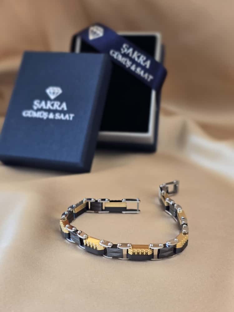 Şakra Gümüş Siyah & Gold Detaylı Erkek Çelik Bileklik - Görsel 3