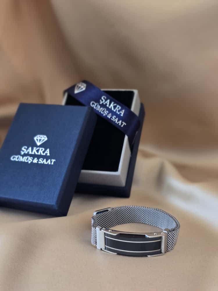 Şakra Gümüş Çift Çizgi Detaylı Çelik Örgü Bileklik - Görsel 3