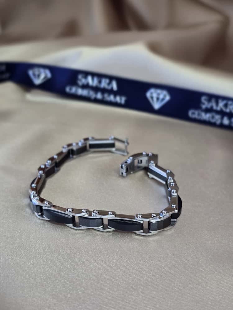 Şakra Gümüş Siyah Detaylı Çelik Erkek Bileklik - Görsel 2