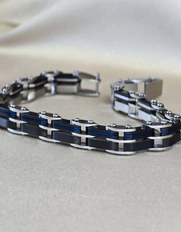 Şakra Gümüş Mavi Detaylı Siyah Çelik Erkek Bileklik