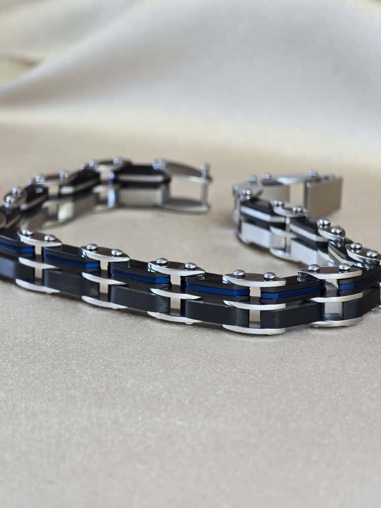 Şakra Gümüş Mavi Detaylı Siyah Çelik Erkek Bileklik