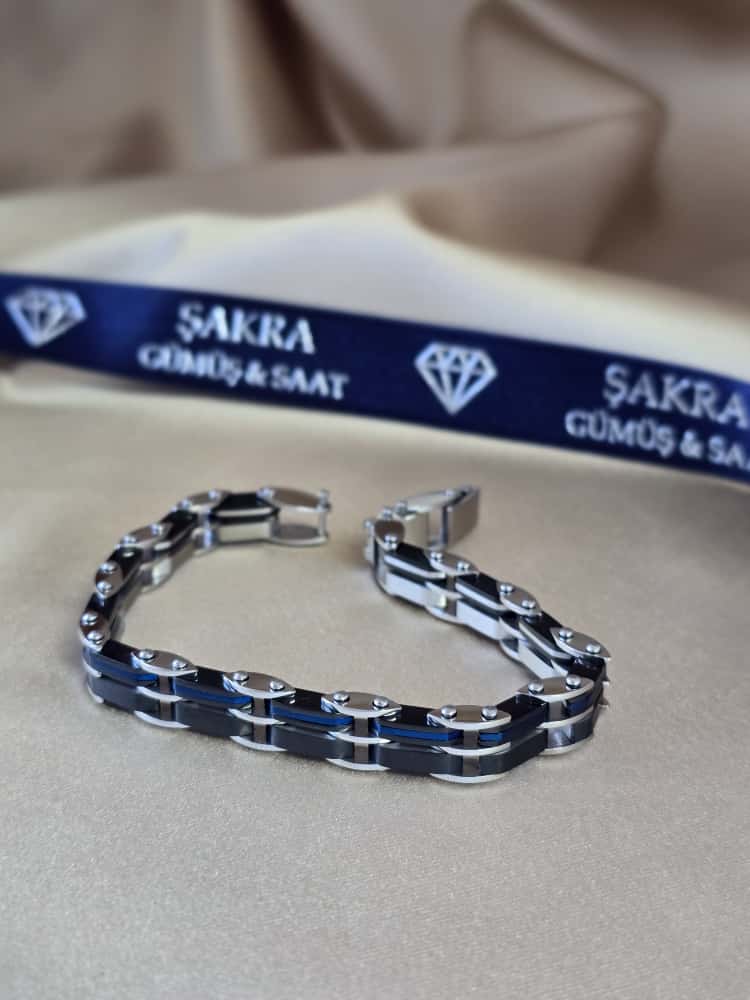 Şakra Gümüş Mavi Detaylı Siyah Çelik Erkek Bileklik - Görsel 2