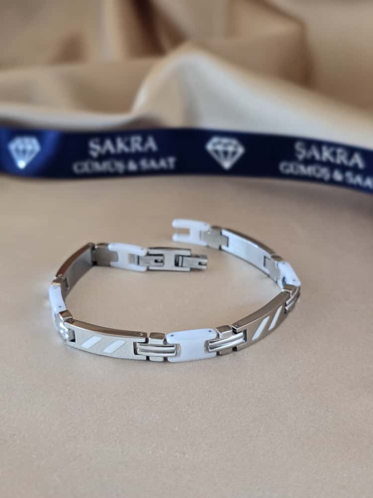 Şakra Gümüş Beyaz Detaylı Modern Erkek Çelik Bileklik - Görsel 2