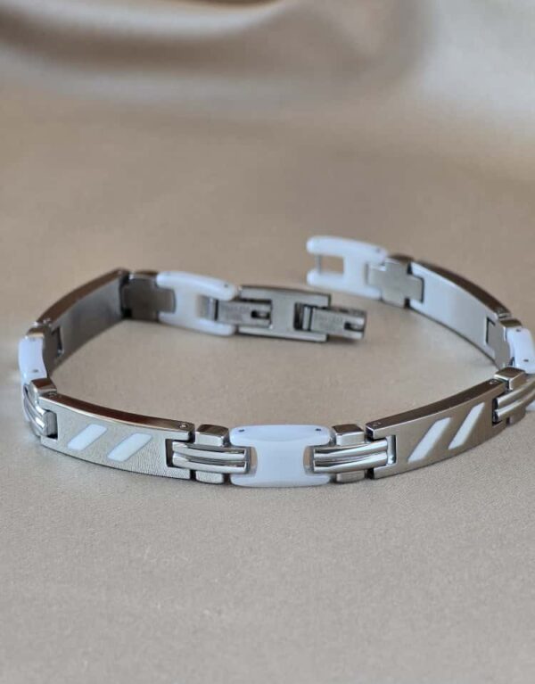 Şakra Gümüş Beyaz Detaylı Modern Erkek Çelik Bileklik