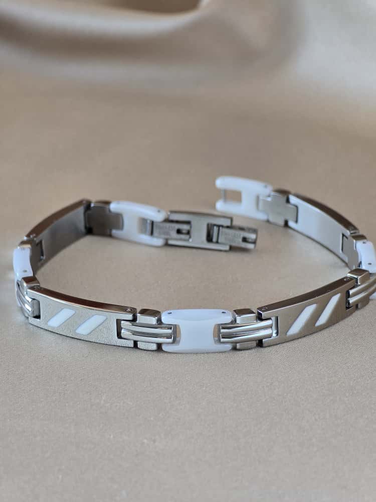 Şakra Gümüş Beyaz Detaylı Modern Erkek Çelik Bileklik