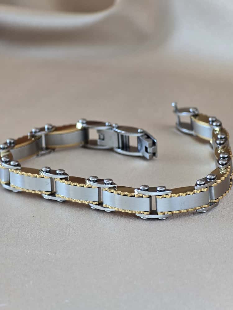 Şakra Gümüş Silver-Gold Tırtıklı Detaylı Erkek Çelik Bileklik