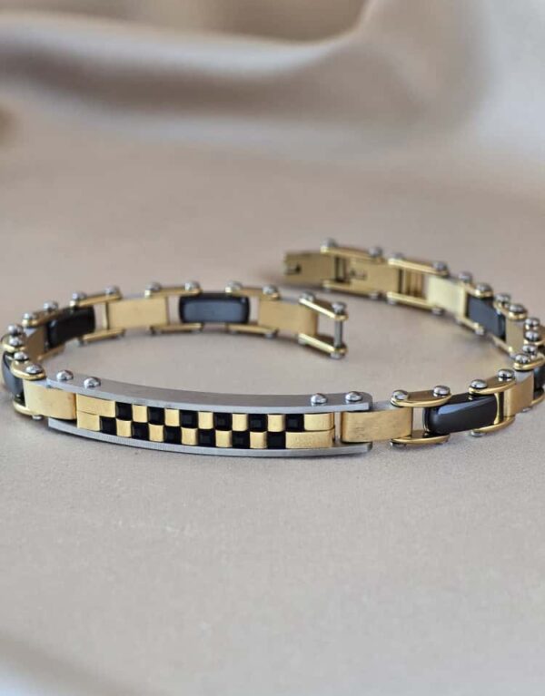 Şakra Gümüş Gold Detaylı Erkek Çelik Bileklik