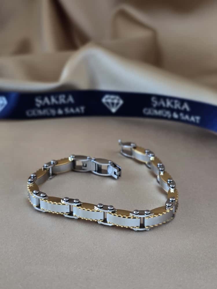 Şakra Gümüş Silver-Gold Tırtıklı Detaylı Erkek Çelik Bileklik - Görsel 2