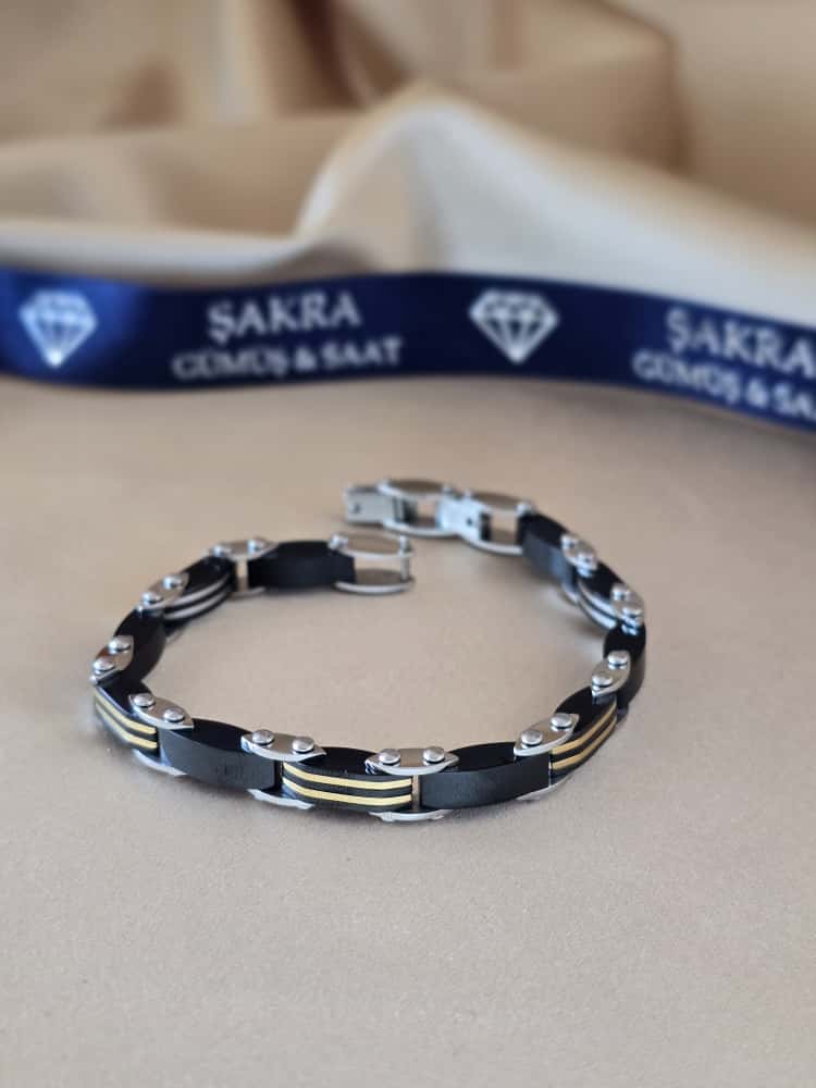 Şakra Gümüş Siyah Gold Çizgi Detaylı Erkek Çelik Bileklik - Görsel 2