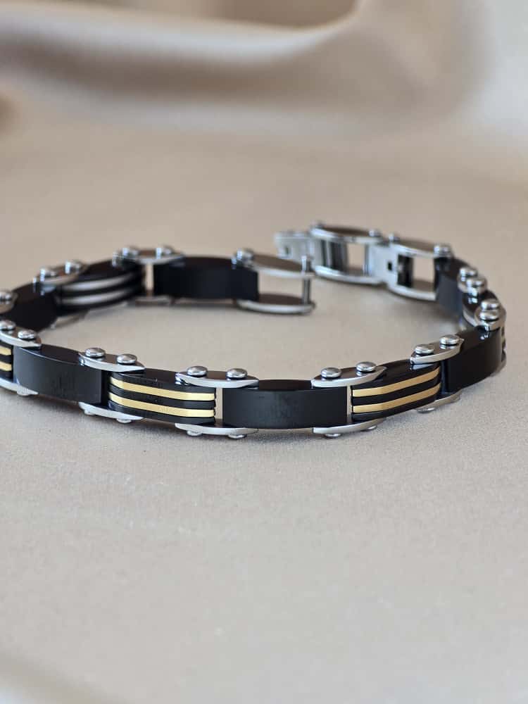 Şakra Gümüş Siyah Gold Çizgi Detaylı Erkek Çelik Bileklik