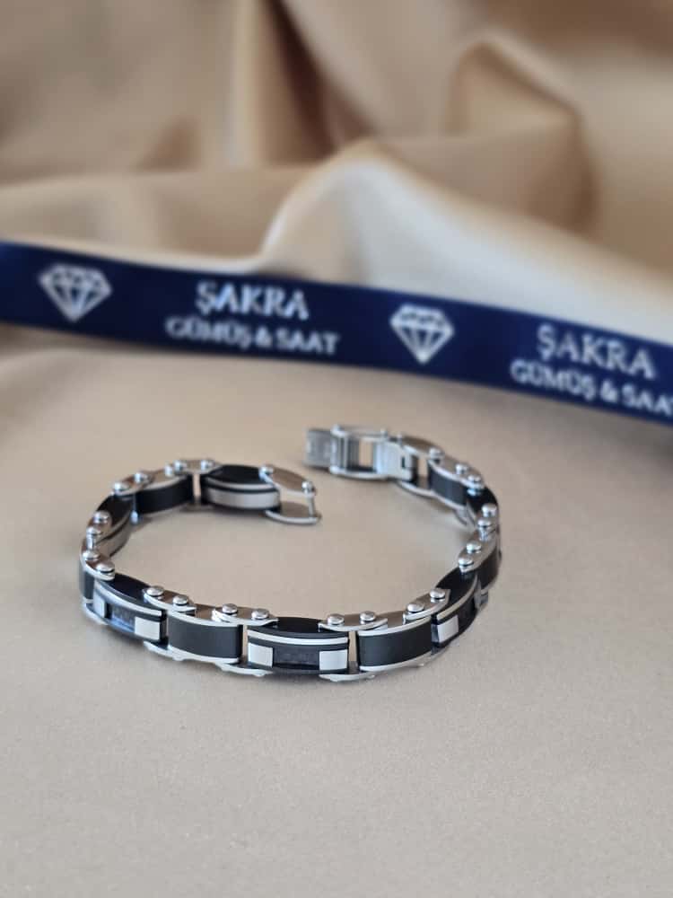 Şakra Gümüş Siyah Detaylı Erkek Çelik Bileklik - Görsel 2