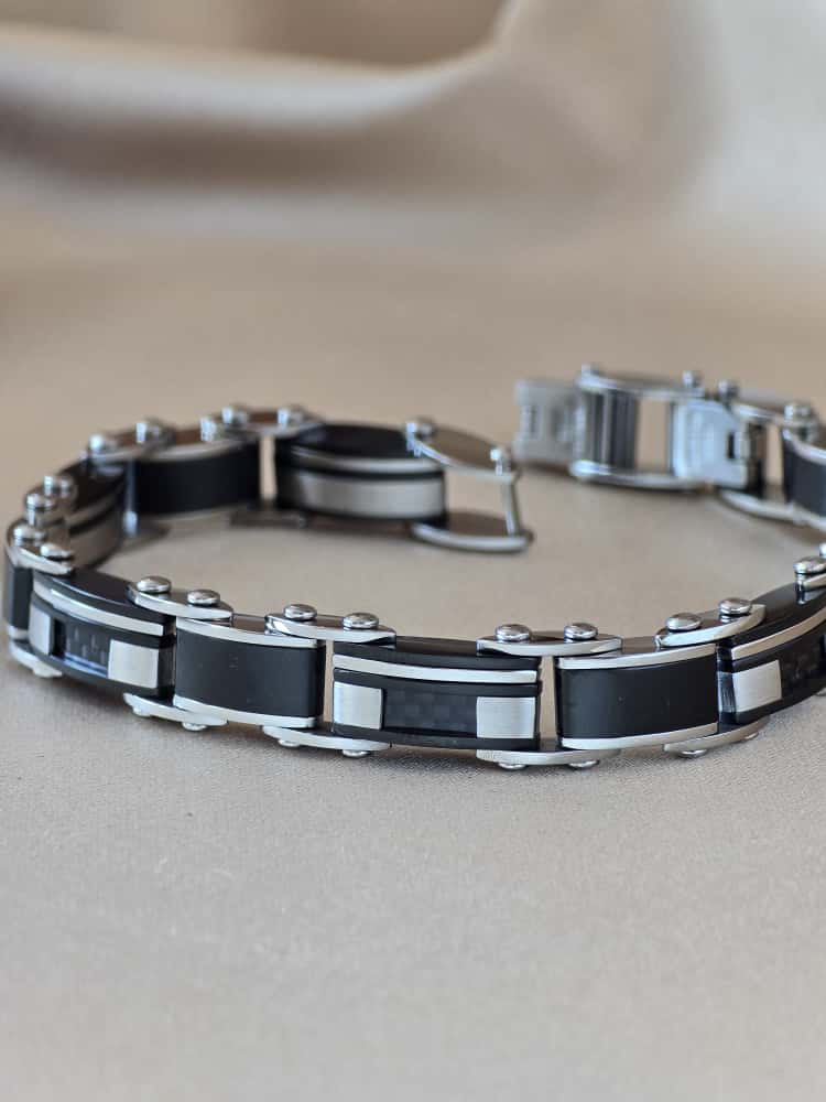 Şakra Gümüş Siyah Detaylı Erkek Çelik Bileklik