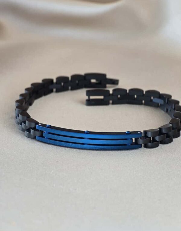 Şakra Gümüş Mavi Detaylı Siyah Çelik Erkek Bileklik