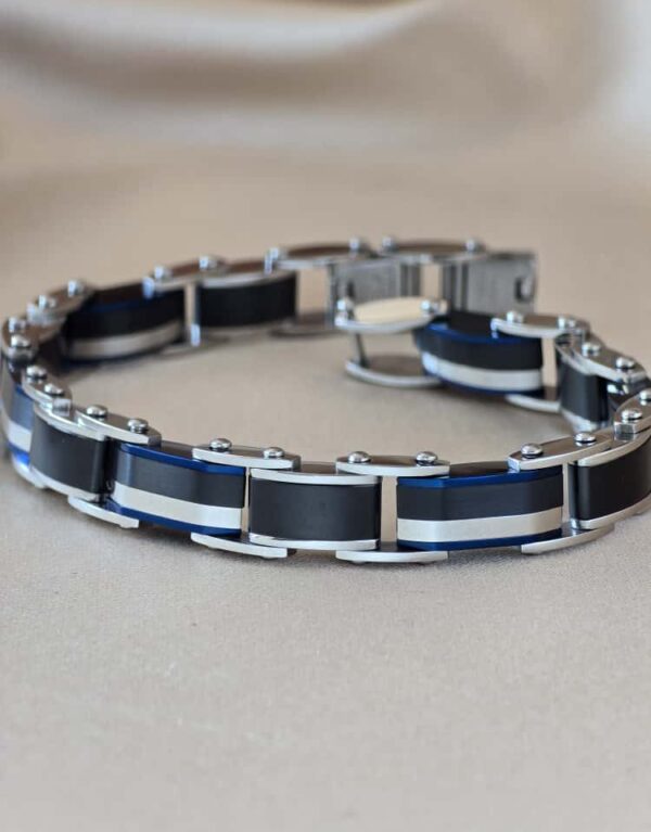 Şakra Gümüş Mavi Şerit Detaylı Çelik Erkek Bileklik